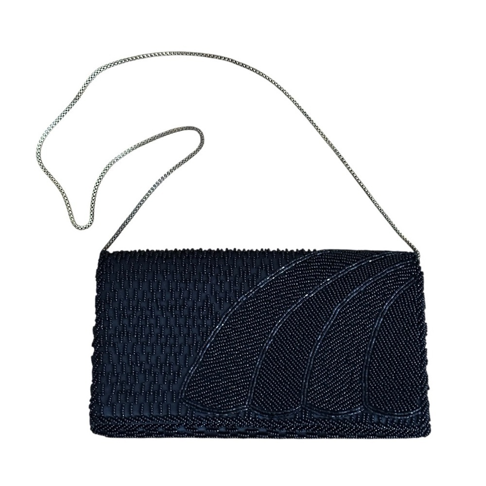 Vintage 1950s Black Beaded Evening Bag Gold Chain Strap, Art Deco Clutch‎ Purse
